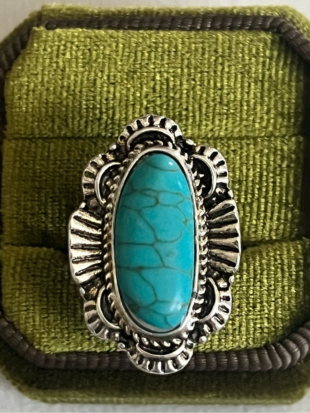 Vintage/Boho Design Blue Turquoise Stainless Steel Silver Statement Ring Size 6